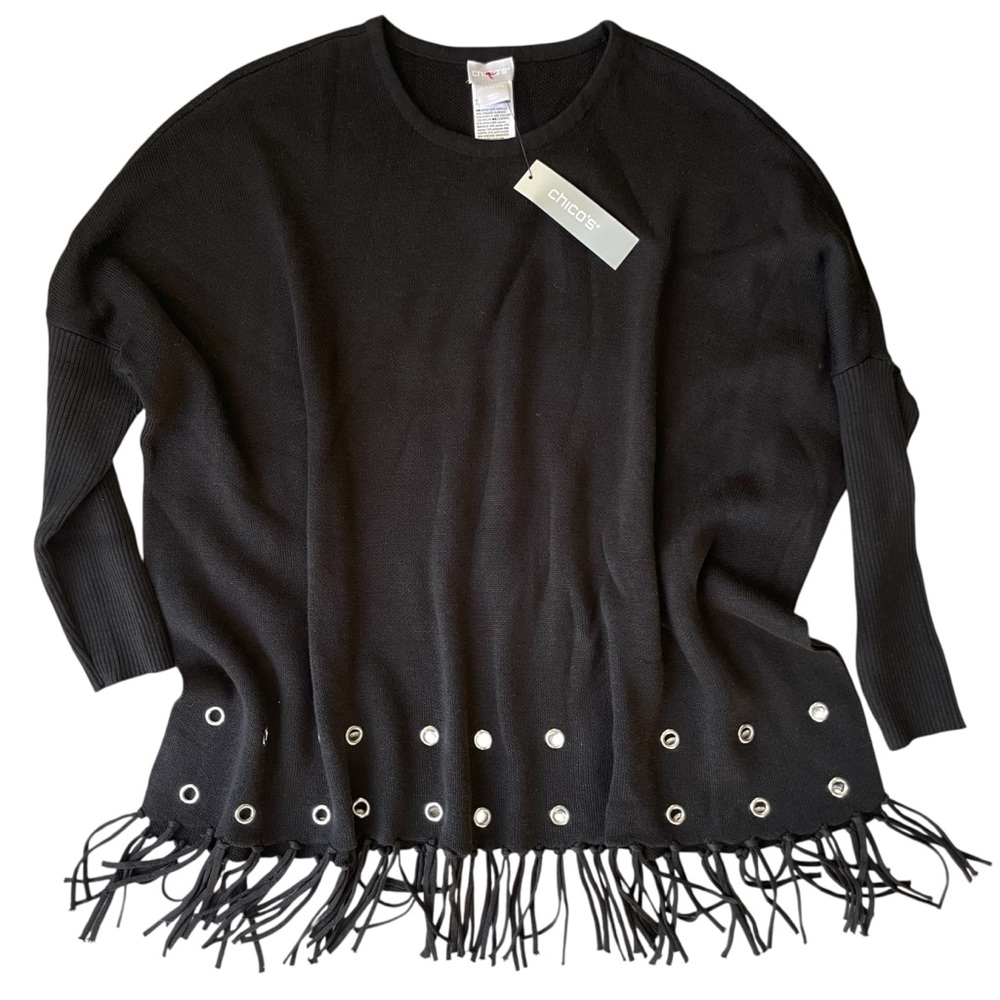 Chico’s Fringe Sweater Tunic Size XXS/XS Black Silver Grommet